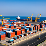 A professional wide-angle view of the modern Doraleh Port in Djibouti, showcasing its vast infrastructure. The scene is bustling with activity, featuring multiple large cargo ships docked, towering gantry cranes efficiently loading and unloading containers, and well-organized stacks of shipping containers. A few port workers in professional, high-visibility safety vests and helmets are visible, performing tasks. The atmosphere is dynamic and represents a global trade hub. The sky is clear, and the ocean is calm. High-resolution, professional photography, realistic, perfect anatomy, correct proportions, natural pose, well-formed hands, proper finger count, natural body proportions, safe for work, appropriate content, fully clothed, professional, family-friendly.