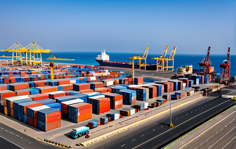 A professional wide-angle view of the modern Doraleh Port in Djibouti, showcasing its vast infrastructure. The scene is bustling with activity, featuring multiple large cargo ships docked, towering gantry cranes efficiently loading and unloading containers, and well-organized stacks of shipping containers. A few port workers in professional, high-visibility safety vests and helmets are visible, performing tasks. The atmosphere is dynamic and represents a global trade hub. The sky is clear, and the ocean is calm. High-resolution, professional photography, realistic, perfect anatomy, correct proportions, natural pose, well-formed hands, proper finger count, natural body proportions, safe for work, appropriate content, fully clothed, professional, family-friendly.