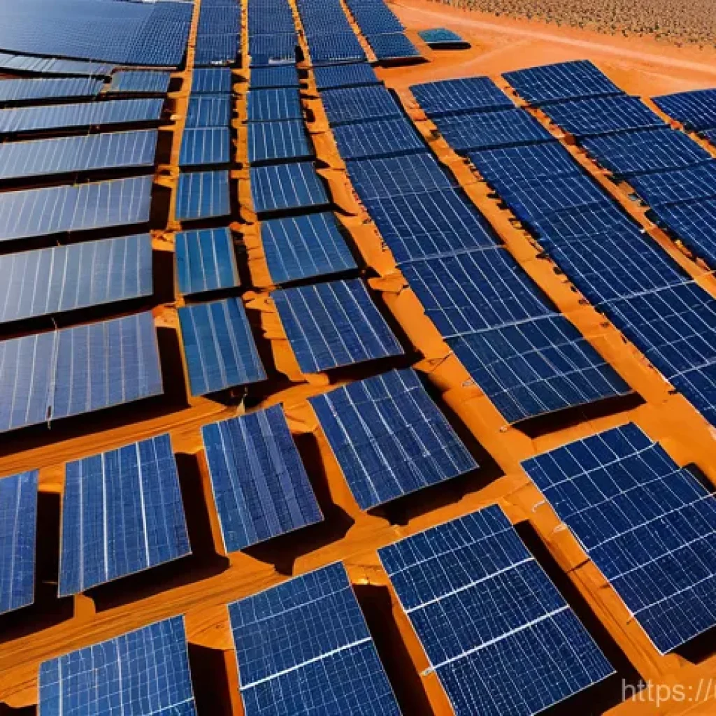 지부티 에너지 자립 프로젝트 - A vast and intricate solar farm sprawling across the golden, arid Grand Bara desert in Djibouti. The...