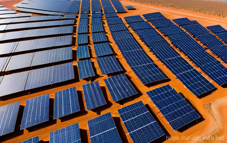 지부티 에너지 자립 프로젝트 - A vast and intricate solar farm sprawling across the golden, arid Grand Bara desert in Djibouti. The...