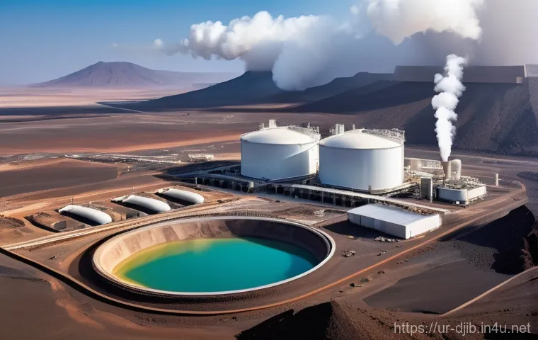 지부티 에너지 자립 프로젝트 - A vast and intricate solar farm sprawling across the golden, arid Grand Bara desert in Djibouti. The...