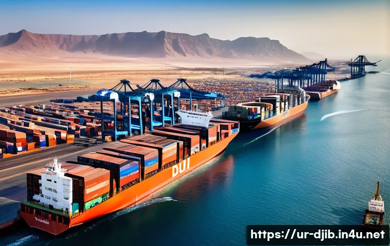 지부티와 스타트업 생태계 - **A Busy Djibouti Port, Global Trade Hub**
A wide-angle, dynamic shot of Djibouti's modern port ...