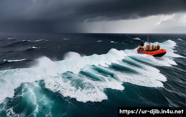 지부티 해양 사고 구조 사례 - A highly detailed scene of a Djibouti maritime rescue team in action during a stormy sea incident, w...