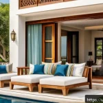 Home 21 지부티 럭셔리 리조트 정보 - A luxurious resort suite balcony overlooking lush green gardens and distant blue sea waves under a c...
