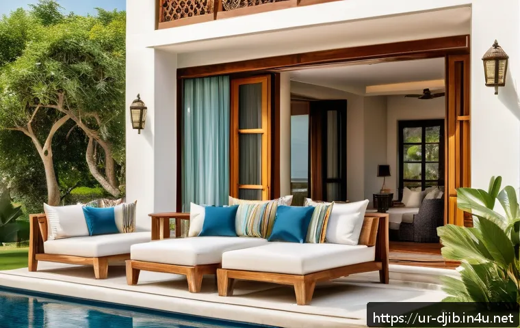 지부티 럭셔리 리조트 정보 - A luxurious resort suite balcony overlooking lush green gardens and distant blue sea waves under a c...