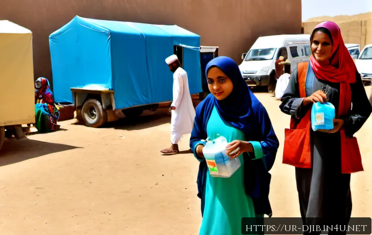 지부티의 국제 원조 현황 - Photorealistic humanitarian aid distribution in Djibouti City, a diverse team of Djiboutian voluntee...