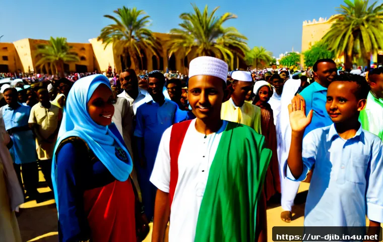 Home 17 지부티 주요 축제와 날짜 - Photorealistic Djibouti Independence Day celebration in a sunlit city square, diverse Djiboutian fam...